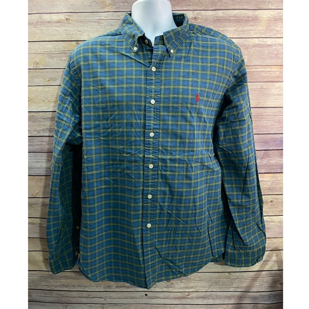 Ralph Lauren Shirt Size XXL Green Blue Plaid Cotton Button-Up Long Sleeve
